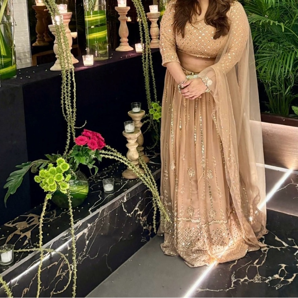 Embellished Beige Lehenga Set with Sheer Dupatta